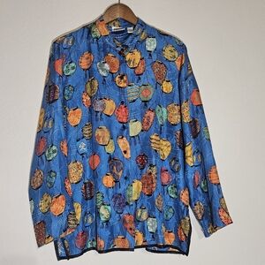 Chicos Design Silk Top Womens Size Large Blue Chinese Lantern Print